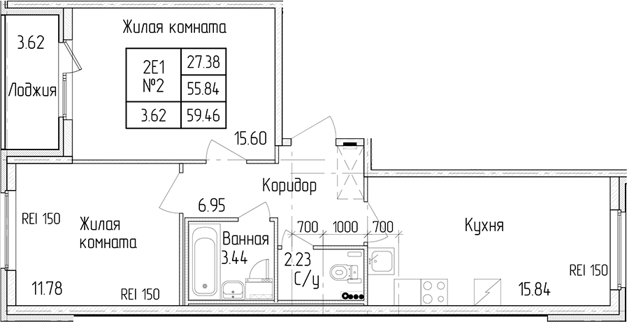 2-комнатная квартира 55.84 м², 1/4 эт., ЖК «Любоград в Стрельне»